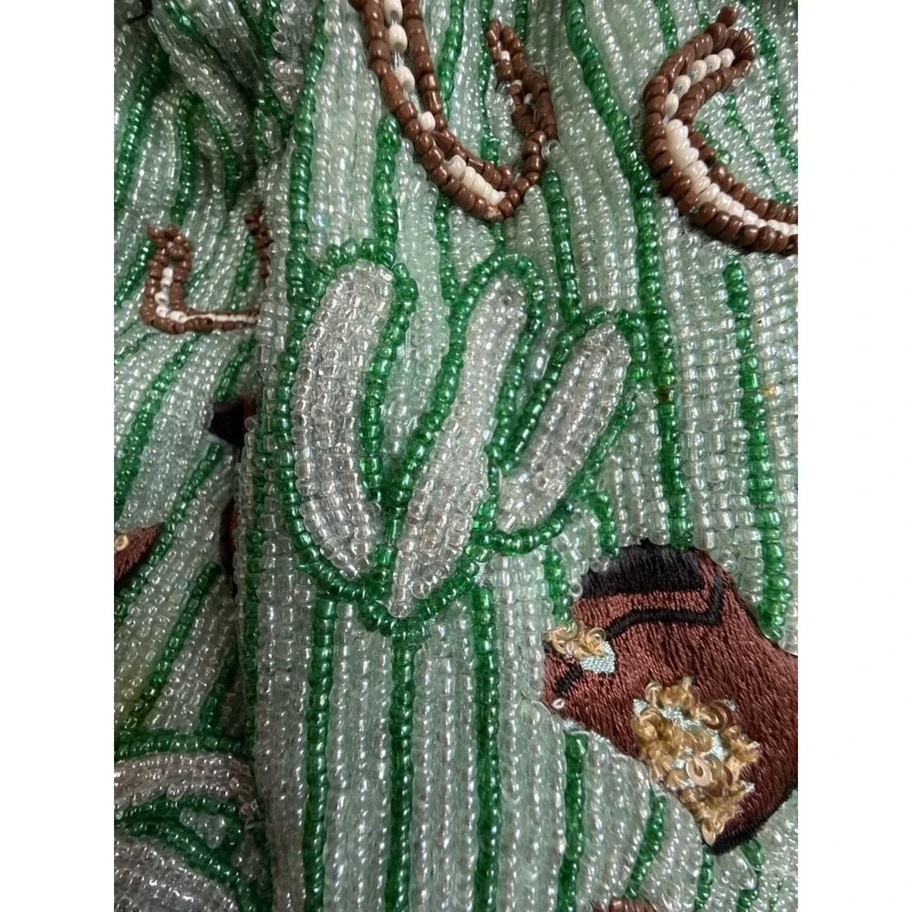 Handcrafted  India Beaded Western Drawstring Pouch Bag Cactus Cowboy Boot Green - Picture 5 of 10